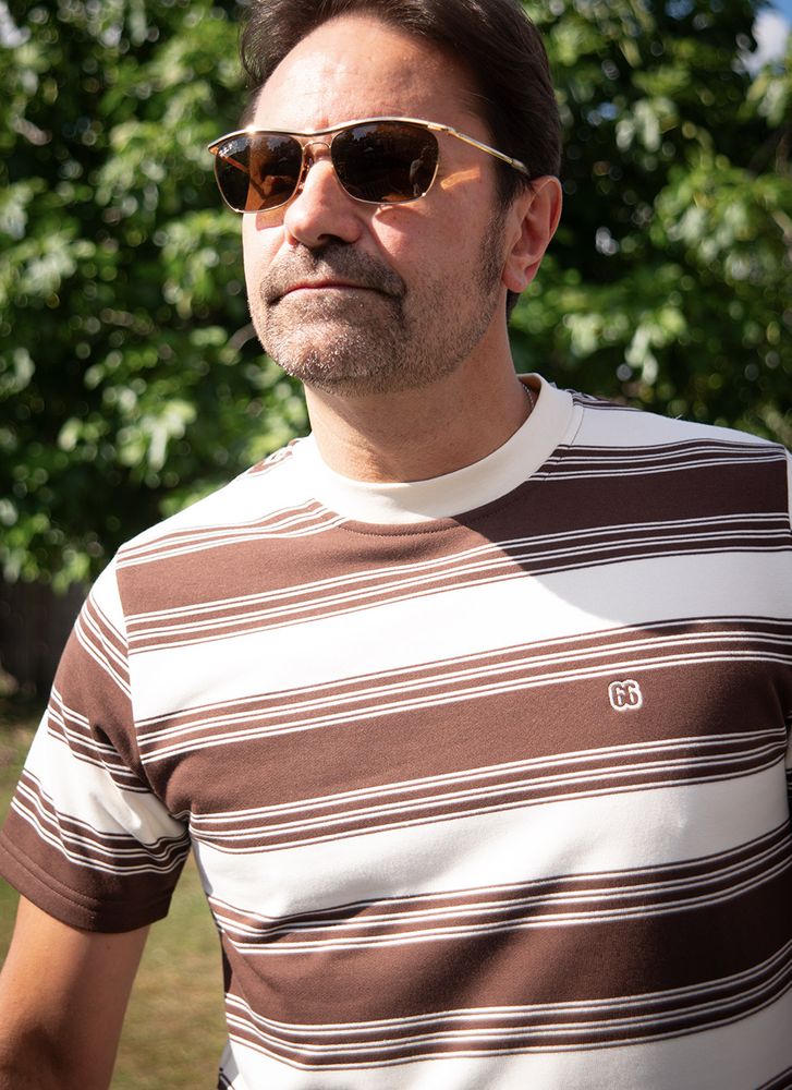 The Downing Choc Brown & Cream - 60s Surf Inspired Stripe 300g T-shirt By 66 Clothing